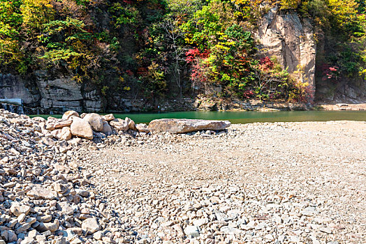 山崖下的溪流与泥石路面的秋季景观