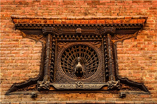 特写,雕刻,孔雀,窗户,巴克塔普尔,尼泊尔