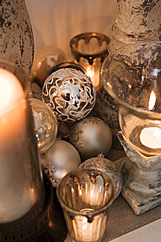 银,圣诞节饰物,靠近,烛托