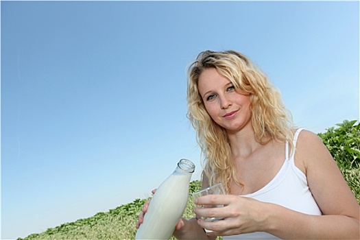 女人,牛奶,瓶子,乡村