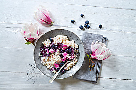 米饭布丁,蓝莓,木兰,花