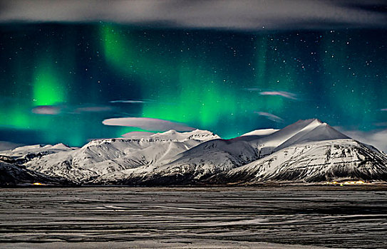 北极光,上方,山,冰河,东方,冰岛
