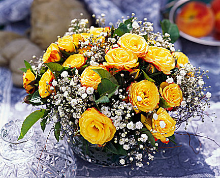 花束,黄色,玫瑰,丝石竹属植物