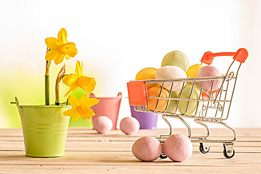 购物车,彩色,复活节彩蛋,水仙花,花盆