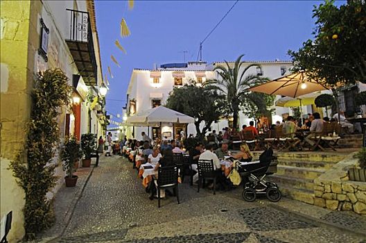 街头咖啡馆,餐馆,人,食物,餐饮,历史,城镇,晚间,白色海岸,西班牙,欧洲