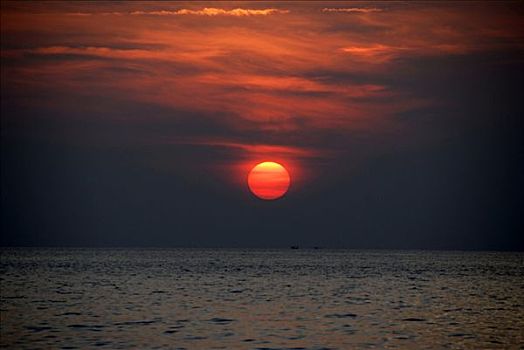 红色,日落,海洋,寂静沙滩,帽子,泰国