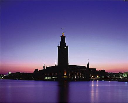 市政厅,斯德哥尔摩,日落,夜光,瑞典,斯堪的纳维亚,欧洲