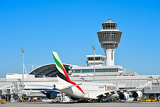 空中客车,a380,酋长国,航线,塔,慕尼黑,机场,巴伐利亚,德国,欧洲