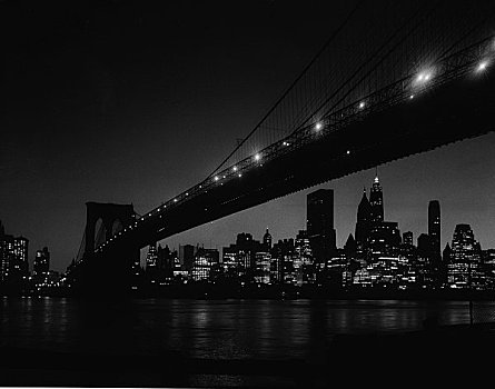 美国,纽约,布鲁克林大桥,曼哈顿,天际线,夜晚