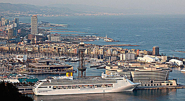 西班牙,巴塞罗那,高,倾斜视角,城市港口