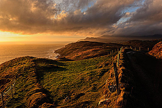 日落,上方,大西洋,海岸线,多纳格,爱尔兰