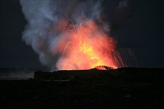 爆炸,烟,蒸汽,动作,熔岩流,东方,裂隙,基拉韦厄火山,夏威夷大岛,夏威夷,美国