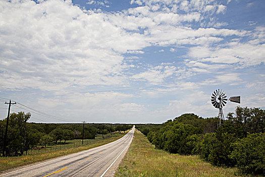 乡村道路,绿色,风景,风车,德克萨斯,美国