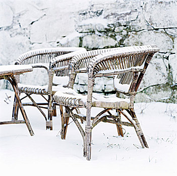 藤椅,雪,花园