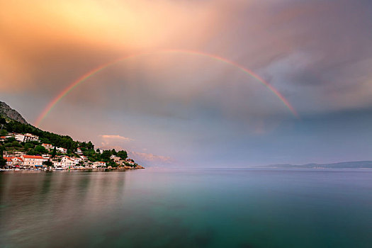 彩虹,上方,小,乡村,里维埃拉,雨,达尔马提亚,克罗地亚