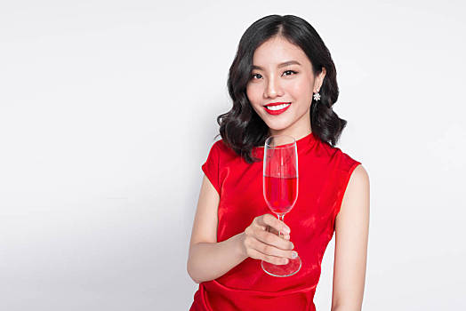 女人,拿着,葡萄酒杯,年轻,庆贺,亚洲女性,红裙