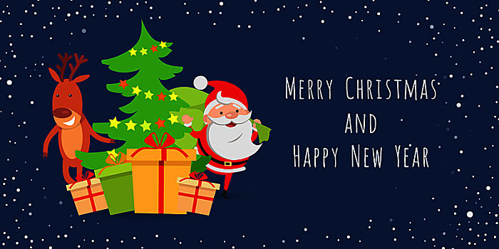 圣诞快乐,新年快乐,圣诞老人,鹿,靠近,装饰,圣诞树,不同,盒子,礼物,拿着,绿色,袋,卡通,设计,风格,矢量