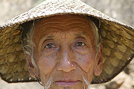东方,不丹,长江,山谷,头像,老,农民,戴着,竹子,帽子