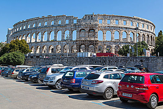 罗马,圆形剧场,正面,停车场,普拉,伊斯特利亚,克罗地亚,欧洲