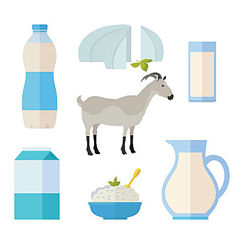 传统,乳制品,牛奶,山羊,不同,灰色,白色背景,背景,制作,概念,乳业,象征,矢量,插画,风格