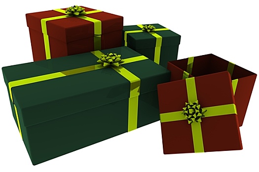 红色,绿色,礼物,金色,蝴蝶结,打开,盒子