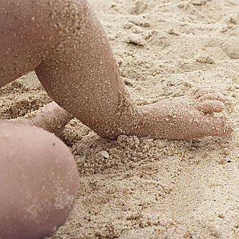 脚,遮盖,沙子,海滩