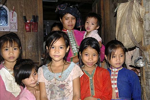 家庭,孩子,坝,部落,穿,彩色,传统服装,禁止,省,老挝,东南亚