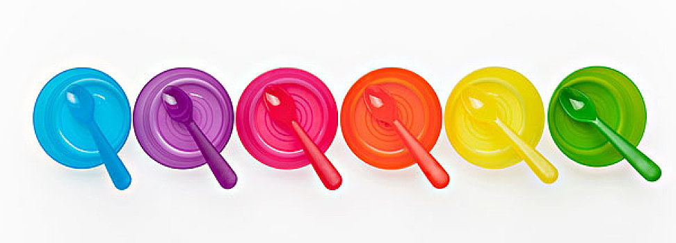 彩色,塑料制品,勺子,碗,排列