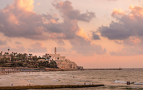 风景,上方,海滩,傍晚,后面,老城,特拉维夫,以色列,亚洲