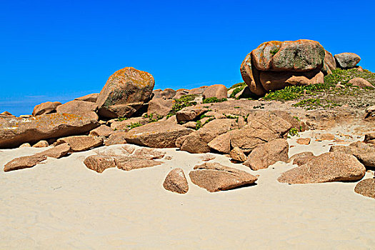 花冈岩,漂石,法国,大西洋海岸,海滩,布列塔尼半岛