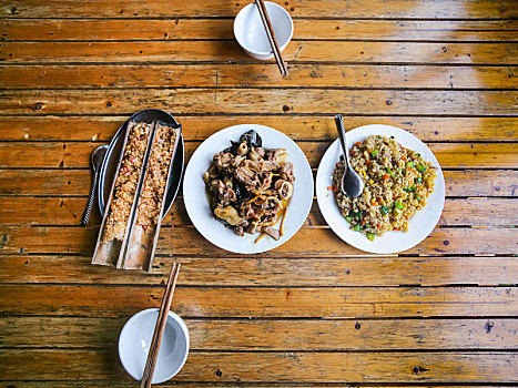 俯视,中国人,餐饭,乡村,餐馆