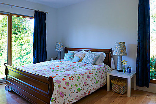 传统,双人床,花,床上用品,现代,卧室,大窗