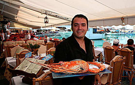 侍者,展示,龙虾,海伦娜,鱼肉,威尼斯人,靠岸,克里特岛,希腊