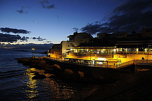 餐馆,阿德赫海岸,黄昏,特内里费岛,加纳利群岛,西班牙