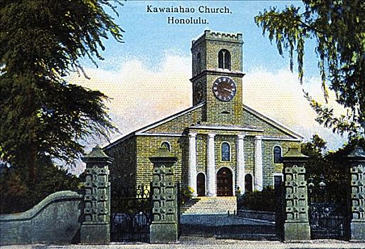 明信片,夏威夷,瓦胡岛,檀香山,教堂,1838年