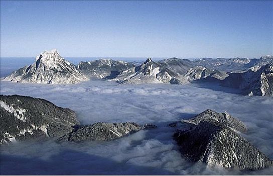 山,顶端,云,特劳恩湖,萨尔茨卡莫古特,欧洲