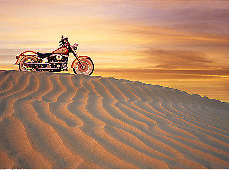 摩托车,沙漠,日落