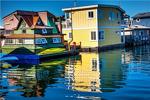 水上住宅,乡村,黄色,褐色,船屋,渔人码头,反射,内港,维多利亚,温哥华,不列颠哥伦比亚省,加拿大