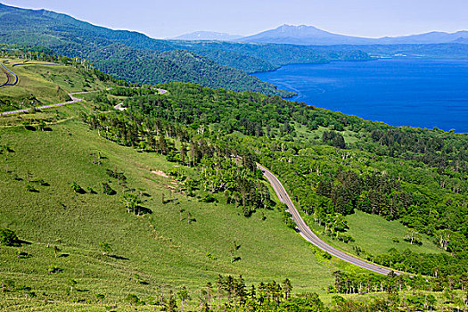 远眺,屈斜路湖,岛屿,阿寒国家公园,地区,北海道,日本