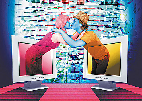 男人,女人,相互,出现,电脑屏幕,吻,数码合成