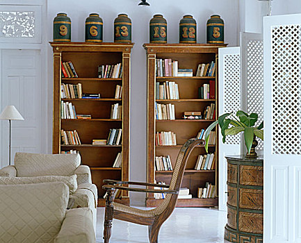 一对,扶手椅,正面,罐,展示,木质,书架