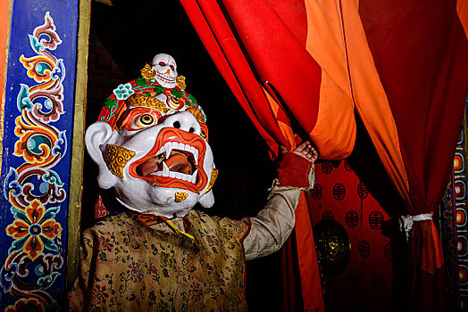 木质,面具,僧侣,仪式,跳舞,节日,拉达克,查谟-克什米尔邦,印度,亚洲
