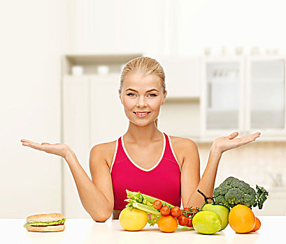 健身,节食,卫生保健,概念,微笑,女人,水果,汉堡包