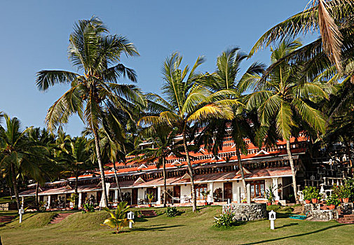 酒店,复杂,椰子,手掌,偏僻寺院,靠近,科瓦拉姆,喀拉拉,南印度,印度,亚洲