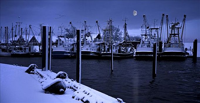 渔船,港口,冬天,夜晚,月亮,德国