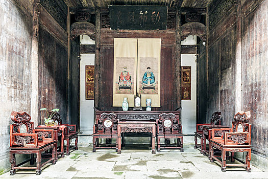 徽派建筑中堂,中国安徽省徽州呈坎古村民居