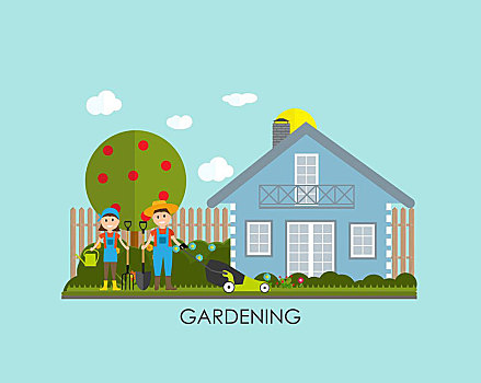花园,背景,矢量,插画,农民,园丁,男人,女人,现代,公寓,风格