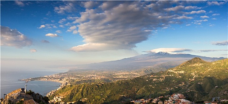 全景,埃特纳火山,西西里,海岸线