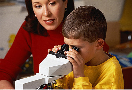女性,教师,远眺,男孩,显微镜