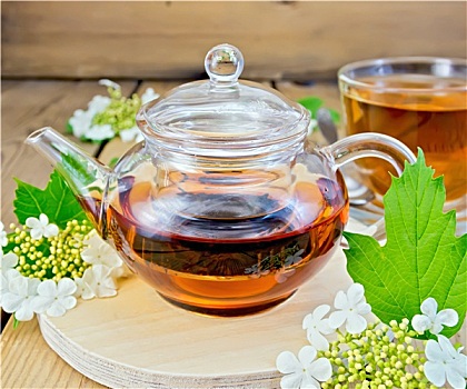茶,花,荚莲属植物,玻璃茶壶,木板
